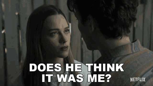a man and a woman are looking at each other with the words does he think it was me