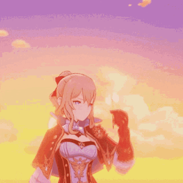 a girl with a bow in her hair is reaching up towards the sky