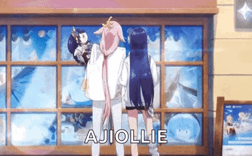 a couple of anime girls are standing in front of a window .