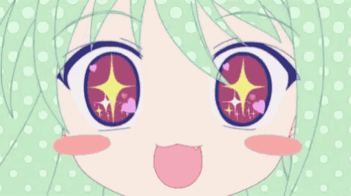 a close up of a girl 's face with hearts in her eyes and her tongue sticking out