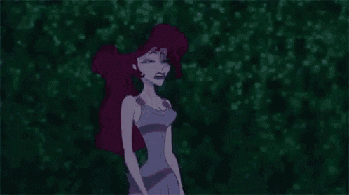 megara from hercules is sitting on a bench with her eyes closed and her hands on her chin .