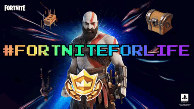 a video game advertisement for fortnite shows a man with a beard