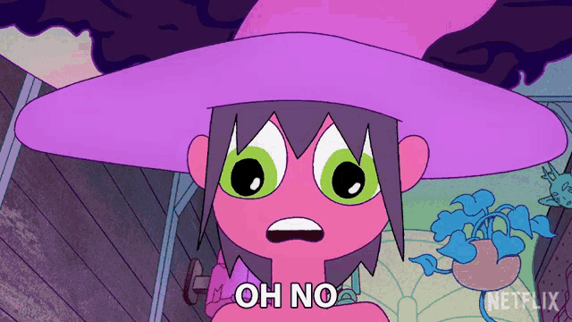 a cartoon character with a purple hat says " oh no "