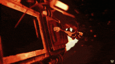 a cartoon drawing of a robot in a dark room with a red background