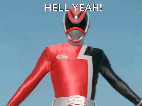 a red and black power ranger is standing in front of a blue sky with the words `` hell yeah ! ''