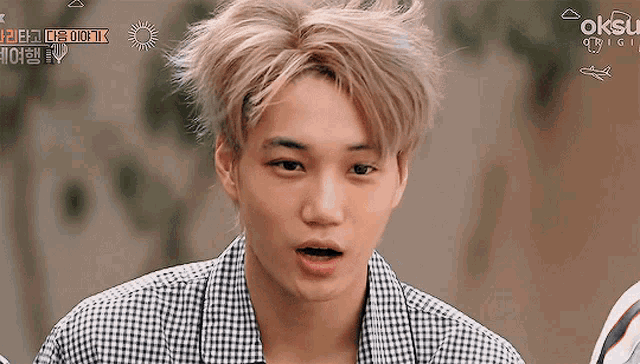a young man with blonde hair is wearing a plaid shirt and looking at the camera .
