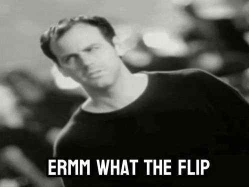 a black and white photo of a man with ermm what the flip written below him