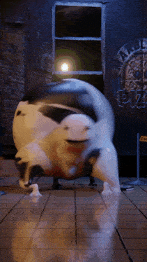 a cartoon character in front of a pizza sign