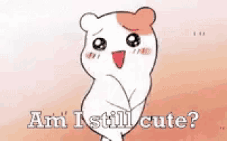 a cartoon hamster with the words am i still cute on it