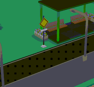 a cartoon drawing of a bus stop with a yellow sign