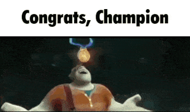 a picture of a man with a medal on his head that says congrats , champion