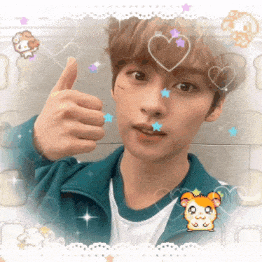 a young man is giving a thumbs up with a hamster in the background