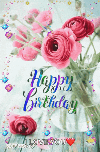 a happy birthday card with a vase of pink roses