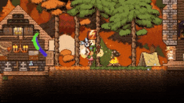 a video game scene with a tent in the foreground and a house in the background