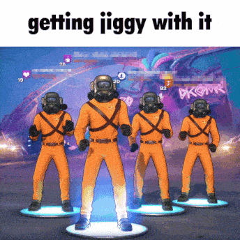 a group of soldiers wearing gas masks are standing next to each other with the words getting jiggy with it above them