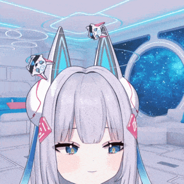 a girl with white hair and blue eyes is wearing a pair of bunny ears with a rocket on top of them