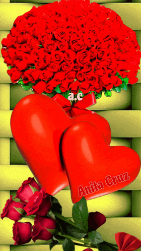 a bunch of red roses and two red hearts with the name anita cruz on them