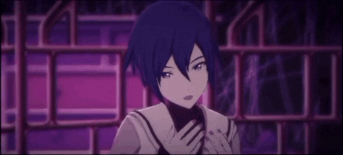 a girl with purple hair is standing in front of a purple wall and looking at the camera .