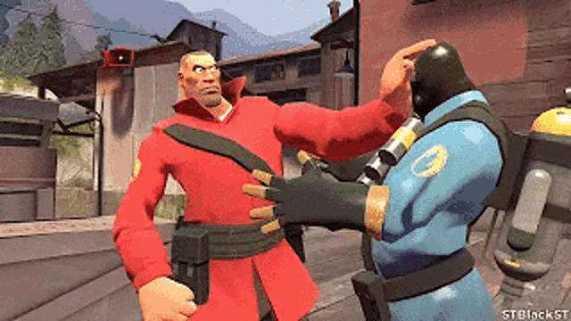 a man in a red coat is standing next to another man in a blue uniform .