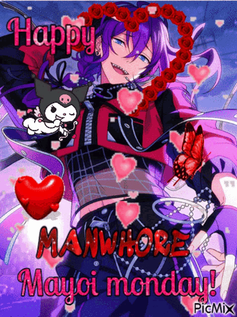 a happy manwhore mayoi monday greeting card with a purple haired anime character