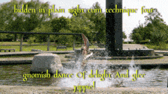 a picture of a fountain with the words hidden in plain sight cum technique four gnomeish dance of delight and glee zippiel