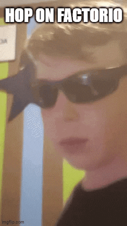 a man wearing sunglasses and a star on his head with the words hop on factorio above him