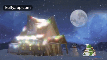a house with christmas lights on it is surrounded by snow and a snowman .