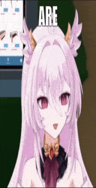 a girl with purple hair and horns is wearing a necklace that says ' are ' on it .