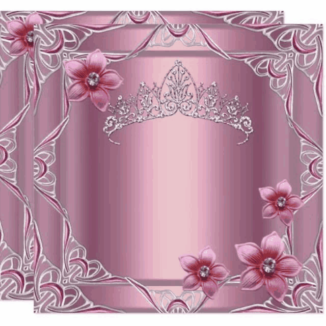 a pink background with pink flowers and a silver tiara