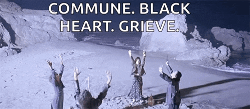 a group of people with their hands in the air with the words commune black heart grieve above them