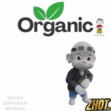 a cartoon character is standing in front of the organic logo