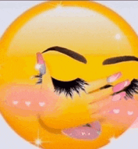 a yellow smiley face with long eyelashes and pink lips is covering its mouth with its hand .