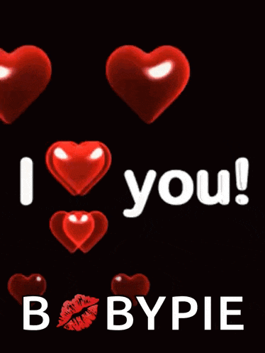 a black background with red hearts and the words i love you b bypie