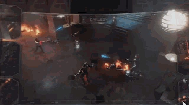 a video game is being played in a room with a lot of fires .