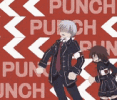 a man and a girl are dancing in front of a red background that says punch punch