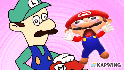 a cartoon of a man with a l on his hat standing next to a cartoon of mario