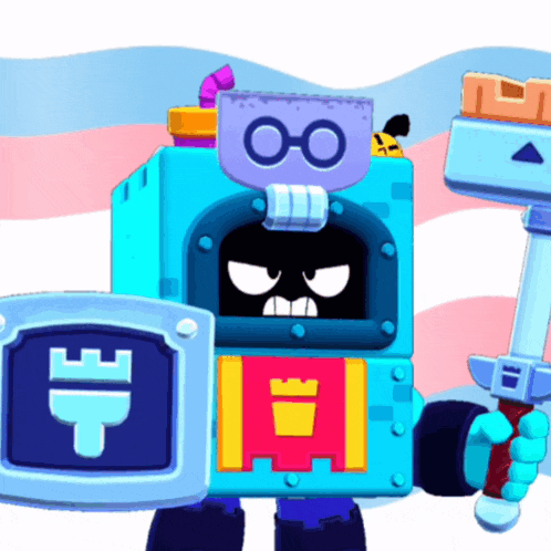 a cartoon character has a shield and a hammer on his hand