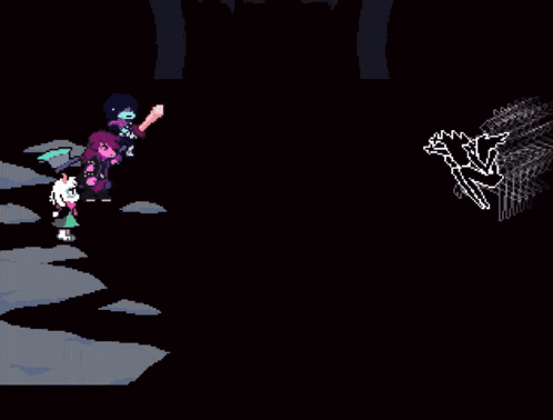 a pixel art of a skeleton flying through a pink circle