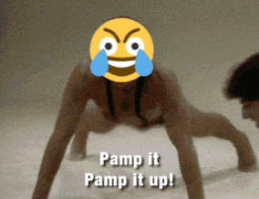 a woman is doing push ups with a crying emoji on her face and the words pamp it pamp it up