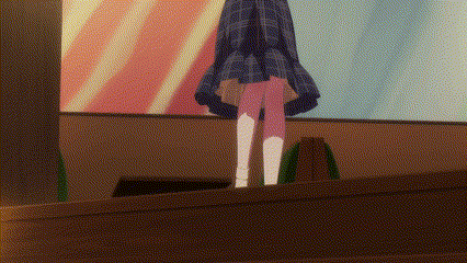 a girl in a blue plaid skirt and pink pants is standing on a balcony