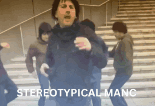 a group of people are walking down stairs with the words stereotypical manc written on the bottom