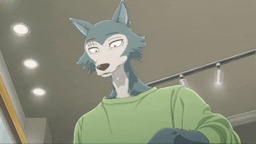 a cartoon of a wolf with a green shirt on