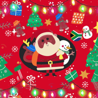 an illustration of santa claus surrounded by christmas items