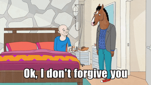 a cartoon of a horse standing next to a man in a bed with the words ok i don t forgive you