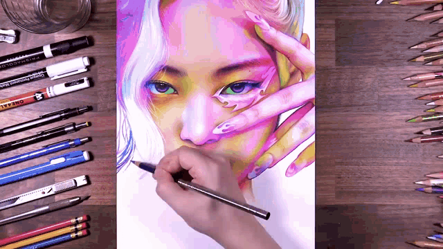 a drawing of a woman 's face is surrounded by colored pencils and markers