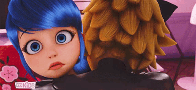 a cartoon girl with blue hair is standing next to a cat from miraculous ladybug ..