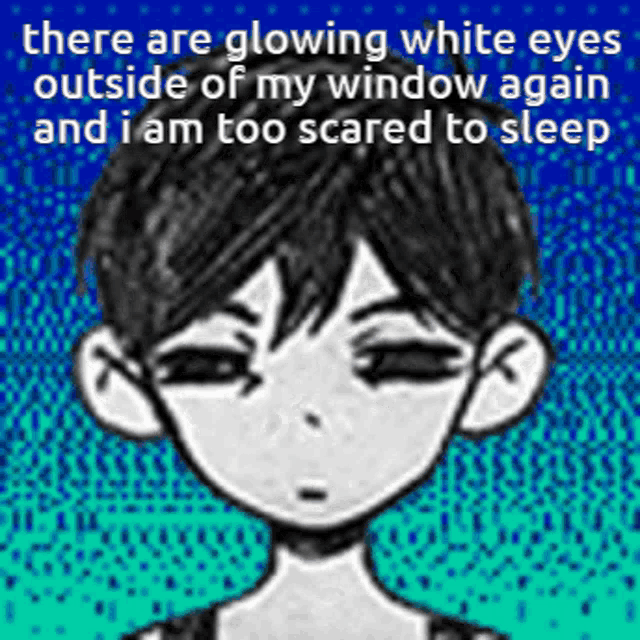 a black and white drawing of a boy with glowing white eyes outside of a window .