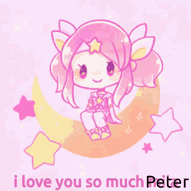 a picture of a girl sitting on a crescent moon with the words " i love you so much peter " below her