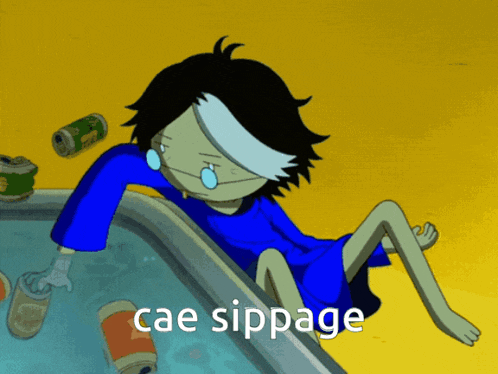 a cartoon character is laying on the edge of a pool with the words cae sippage written below him