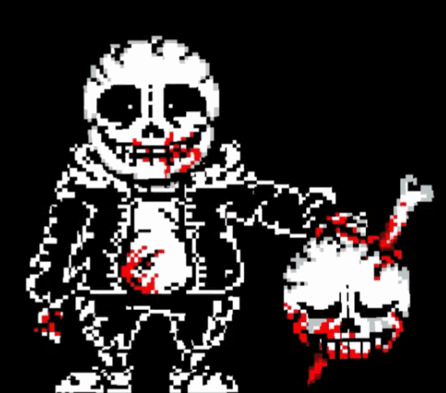 a pixel art of a skeleton holding a bloody skull